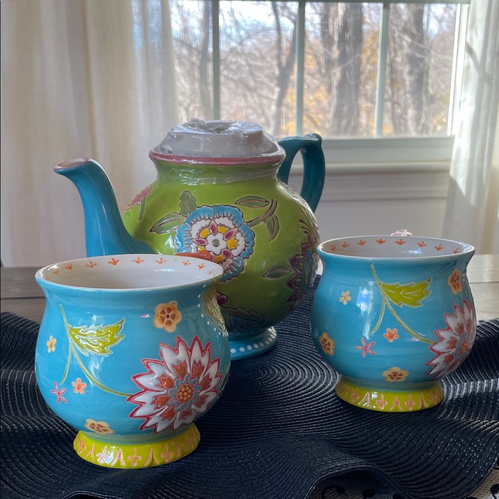 Dutch Wax Colorful Hand Painted Floral Ceramic New Teapot and 2 Cups Set
